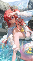 Rule 34 | 1girl, arknights, arm up, bare shoulders, bikini, black bikini, black ribbon, blush, bracelet, breasts, cleavage, closed mouth, detached sleeves, hair between eyes, highres, holding, holding shoes, horns, jewelry, knees up, leaning forward, lens flare, light rays, long hair, long sleeves, looking at viewer, medium breasts, official alternate costume, purple eyes, red hair, ribbon, rock, rubber duck, sandals, see-through, sexually suggestive, shading eyes, shoes, side-tie bikini bottom, single shoe, sitting, smile, soaking feet, solo, sunbeam, sunlight, surtr (arknights), surtr (colorful wonderland) (arknights), swimsuit, swimsuit cover-up, thigh strap, ttk (kirinottk), very long hair, water, white ribbon