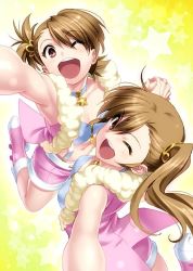 Rule 34 | 2girls, boots, brown eyes, brown hair, cute &amp; girly (idolmaster), foreshortening, from above, futami ami, futami mami, holding hands, idolmaster, idolmaster (classic), long hair, looking at viewer, multiple girls, open mouth, short hair, siblings, side ponytail, sisters, twins, zen
