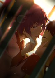 Rule 34 | 1boy, 1girl, after kiss, araragi koyomi, backlighting, bad id, bad pixiv id, black hair, blue eyes, blurry, blurry foreground, chromatic aberration, close-up, collared shirt, commentary request, depth of field, dutch angle, eyelashes, film grain, hair over eyes, hand on another&#039;s face, highres, lens flare, mask, mask pull, monogatari (series), mouth mask, pink shirt, purple hair, saliva, saliva trail, school uniform, senjougahara hitagi, shadow, shirt, short hair, sidelocks, sleeve cuffs, sunlight, surgical mask, tongue, tongue out, upper body