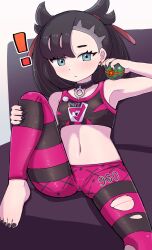 Rule 34 | !, 1girl, asymmetrical bangs, barefoot, black collar, black hair, black nails, blush, closed mouth, collar, commentary request, couch, creatures (company), cropped shirt, dusk ball, earrings, eyelashes, game freak, green eyes, hair ribbon, hand up, highres, holding, holding poke ball, jewelry, kutabireta neko, leggings, marnie (pokemon), nail polish, navel, nintendo, poke ball, pokemon, pokemon swsh, red ribbon, ribbon, shirt, sitting, sleeveless, sleeveless shirt, solo, spread legs, toenail polish, toenails, toes, torn clothes, torn leggings, twintails, two side up