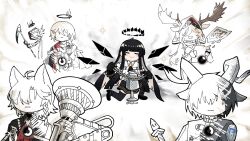Rule 34 | 2girls, 3boys, ahoge, animal ears, antlers, antlers through headwear, arknights, ascot, bassline (arknights), black footwear, black gloves, black hair, black halo, black thighhighs, blonde hair, chain, cheese grater, closed eyes, closed mouth, commentary, deer antlers, deer ears, deer girl, english commentary, executor (arknights), executor the ex foedere (arknights), full body, gameplay mechanics, gloves, glowing, goat boy, goat horns, halo, highres, holding, holding chain, holding instrument, holding paper, holding scythe, holding trombone, hood, hood up, horns, instrument, lessing (arknights), long hair, multiple boys, multiple girls, nearl (arknights), nearl the radiant knight (arknights), no eyes, no grad, on one knee, open mouth, paper, red ascot, scythe, sidelocks, smile, sparkle, standing, tail, thighhighs, trombone, twitter username, unamused, very long hair, virtuosa (arknights), viviana (arknights), weapon, wolf boy, wolf ears, wolf tail