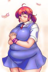 Rule 34 | 1girl, ahoge, belly, blush, breasts, closed eyes, fat, highres, inamori futayo, large breasts, obese, original, orizen, ponytail, red hair, solo, standing, thick thighs, thighs