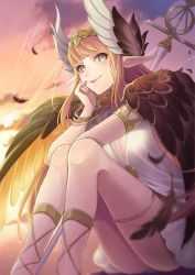 Rule 34 | 1girl, absurdres, breasts, circe (fate), falling feathers, fate/grand order, fate (series), feathers, highres, ichino tomizuki, pointy ears, sitting, small breasts, smile, solo, staff, sunlight, sunset, wings