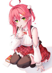 Rule 34 | 1girl, absurdres, breasts, food, food in mouth, frilled skirt, frills, full body, green eyes, hair ornament, highres, hololive, large breasts, long hair, long sleeves, mouth hold, nyan (reinyan 007), pink hair, plaid, plaid skirt, pocky, pom pom (clothes), pom pom hair ornament, puffy long sleeves, puffy sleeves, red skirt, sakura miko, sakura miko (casual), shirt, simple background, skirt, solo, squatting, thighhighs, virtual youtuber, white background, white shirt
