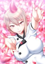 Rule 34 | 10s, 1girl, breasts, chef, flower bed, hair between eyes, large breasts, looking at viewer, nail polish, nakiri alice, outstretched arms, petals, pink nails, reaching, reaching towards viewer, red eyes, shokugeki no souma, short hair, short sleeves, silver hair, smile, solo, upper body, yottan