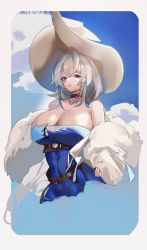 Rule 34 | 1girl, absurdres, alchemy stars, ankh man, azure (alchemy stars), bare shoulders, belt, black choker, blue dress, blue eyes, blue hair, breasts, choker, cleavage, coat, commentary request, covered navel, cropped torso, dress, facial mark, grey hair, highres, large breasts, long sleeves, looking at viewer, multicolored hair, off shoulder, open clothes, open coat, short hair, solo, streaked hair, upper body, white coat, white headwear