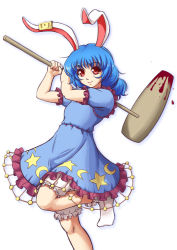 Rule 34 | 1girl, ambiguous red liquid, animal ears, blood, bloomers, blue dress, blue hair, crescent, dress, earclip, kine, looking at viewer, mallet, mazume, ponytail, puffy short sleeves, puffy sleeves, rabbit ears, red eyes, seiran (touhou), short hair, short sleeves, simple background, skirt, smile, solo, stain, star (symbol), touhou, underwear, weapon, white background, white legwear