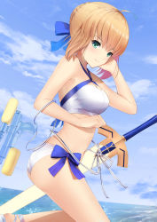 Rule 34 | 1girl, absurdres, ahoge, artoria pendragon (fate), artoria pendragon (swimsuit archer) (fate), artoria pendragon (swimsuit archer) (first ascension) (fate), bikini, blonde hair, blue bow, blue ribbon, blue sky, bow, breasts, cleavage, cloud, day, excalibur (fate/stay night), fate/grand order, fate (series), green eyes, hair between eyes, hair ribbon, halterneck, hand in own hair, highres, leg up, looking at viewer, mari (doraerin0), medium breasts, ribbon, short hair, sky, smile, solo, standing, standing on one leg, striped ribbon, swimsuit, water gun, white bikini