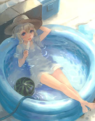 Rule 34 | 1girl, :p, barefoot, blonde hair, blue eyes, hat, lowres, original, popsicle, solo, tongue, tongue out, wading pool, weno, weno&#039;s blonde original character