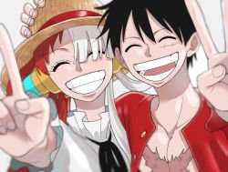 Rule 34 | 1boy, 1girl, alternate hairstyle, artist request, black hair, closed eyes, dress, facial scar, grin, hair over one eye, happy, hat, highres, hug, long hair, looking at viewer, monkey d. luffy, multicolored hair, one piece, one piece film: red, open clothes, open shirt, red hair, scar, scar on cheek, scar on face, short hair, simple background, smile, straw hat, teeth, two-tone hair, upper body, uta (one piece), v, very long hair, white background, white dress, white hair