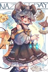 Rule 34 | 1girl, adapted costume, animal, animal ears, bishamonten&#039;s pagoda, black dress, black hair, blush, cheese, dress, feet out of frame, food, highres, jewelry, lantern, long sleeves, mame komari, mouse (animal), mouse ears, mouse on head, mouse tail, nazrin, open mouth, pendant, red eyes, short hair, smile, solo, tail, thick eyebrows, touhou, twitter username