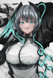 Rule 34 | 1girl, arknights, arms behind head, between breasts, black feathers, black wings, blue eyes, blue feathers, blue wings, blush, breasts, commentary, fangs, feathers, grey hair, hair between eyes, head wings, highres, ho&#039;olheyak (arknights), infection monitor (arknights), large breasts, long hair, long sleeves, looking at viewer, nori (kakunaru ue wa), simple background, skin fangs, solo, strap between breasts, tongue, tongue out, two-tone wings, white background, wings