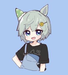 Rule 34 | 1girl, :d, animal ears, black shirt, blue background, blue eyes, blush, collarbone, commentary request, cropped torso, flower, grey hair, hair between eyes, hair flower, hair ornament, hairclip, hand on own hip, highres, horse ears, looking at viewer, nozo (hitomiz), open mouth, overalls, seiun sky (umamusume), shirt, short sleeves, simple background, smile, solo, teeth, umamusume, upper body, upper teeth only, yellow flower