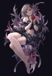 Rule 34 | 1girl, :q, absurdres, alter ego malevolent (granblue fantasy), alternate costume, apple, asymmetrical legwear, bad id, bad pixiv id, bare arms, bare legs, bare shoulders, barefoot, belt, black background, black camisole, black jacket, black nails, black shorts, bracelet, camisole, choker, commentary request, djeeta (granblue fantasy), feather boa, fishnet legwear, fishnets, food, fruit, full body, granblue fantasy, hair ornament, head tilt, highres, holding, holding food, holding fruit, jacket, jewelry, looking at viewer, midriff, milli little, mismatched legwear, nail polish, red eyes, shorts, silver hair, simple background, single leg pantyhose, solo, stomach, tongue, tongue out, x hair ornament