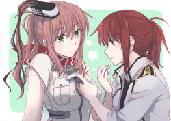 Rule 34 | 10s, 2girls, adjusting clothes, anchor, breast pocket, brown eyes, brown hair, female admiral (kancolle), green eyes, headgear, holding, kantai collection, long hair, military, military uniform, mouth hold, multiple girls, naval uniform, pin.s, pocket, saratoga (kancolle), scarf, tape, uniform