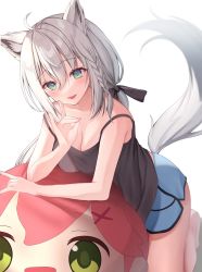 Rule 34 | 1girl, absurdres, ahoge, animal ear fluff, animal ears, black bow, black camisole, blue shorts, blush, bow, braid, breasts, camisole, cleavage, commentary request, fox ears, fox girl, fox shadow puppet, fox tail, green eyes, hair between eyes, hair bow, highres, hololive, iruka3, kneeling, leaning on object, long hair, looking at viewer, open mouth, sakura miko, shirakami fubuki, short shorts, shorts, sidelocks, simple background, single braid, small breasts, solo, tail, virtual youtuber, white background, white hair