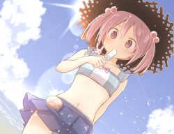 Rule 34 | 1girl, animal, animal on shoulder, bare shoulders, bikini, blue bikini, blue skirt, blue sky, blush, breasts, brown eyes, brown hat, cloud, collarbone, commentary request, day, eating, food, fujisaki yuu, hair between eyes, hair bobbles, hair ornament, hat, holding, holding food, horizon, ice cream, kantai collection, navel, ocean, outdoors, pink hair, pleated skirt, rabbit, sazanami (kancolle), skirt, sky, small breasts, solo, sparkle, standing, straw hat, sun, sweat, swimsuit, twintails, water, water drop