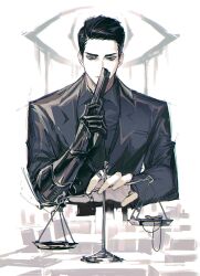 Rule 34 | 1boy, black eyes, black hair, black jacket, black necktie, black shirt, collared shirt, gauntlets, gun, hair slicked back, half-closed eyes, handgun, highres, holding, holding gun, holding weapon, jacket, jewelry, limbus company, long sleeves, looking at viewer, male focus, meursault (project moon), multiple rings, necktie, project moon, remsrar, ring, shirt, single gauntlet, solo, weapon, weighing scale, white background, wing collar