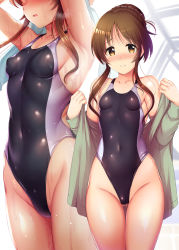 Rule 34 | 1girl, black one-piece swimsuit, blush, breasts, brown eyes, brown hair, collarbone, commentary request, competition swimsuit, covered navel, cowboy shot, gluteal fold, groin, hair bun, highleg, highleg swimsuit, highres, idolmaster, idolmaster cinderella girls, long hair, looking at viewer, ment, multiple views, one-piece swimsuit, parted lips, pool, rei no pool, sideboob, single hair bun, small breasts, swimsuit, swimsuit under clothes, takamori aiko, towel, two-tone swimsuit, wet, wet clothes, wet swimsuit