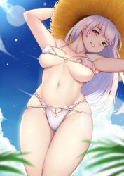 Rule 34 | 1girl, arms up, bikini, breasts, cloud, collarbone, covered erect nipples, cowboy shot, day, from below, genkung, gluteal fold, groin, hat, heterochromia, large breasts, light purple hair, long hair, looking at viewer, original, outdoors, skindentation, sky, smile, solo, standing, straw hat, summer, swimsuit, underboob, white hair