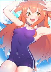 Rule 34 | 1girl, :d, animal ears, armpits, arms up, bare arms, bare shoulders, blue one-piece swimsuit, blush, breasts, brown eyes, brown hair, collarbone, covered navel, day, hair between eyes, highres, horse ears, long hair, looking at viewer, mayano top gun (umamusume), motion blur, one-piece swimsuit, open mouth, small breasts, smile, solo, swimsuit, teeth, teriibol, thighs, umamusume, upper teeth only, very long hair, water drop