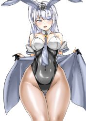 Rule 34 | 1girl, adapted costume, animal ears, black gloves, black leotard, blush, breasts, brown pantyhose, covered navel, cowboy shot, detached collar, fake animal ears, fuyutsuki (kancolle), gloves, gluteal fold, grey eyes, grey hair, hair between eyes, half gloves, headband, kantai collection, kudou (ooabareteng), leotard, long hair, neckerchief, one side up, open mouth, pantyhose, playboy bunny, rabbit ears, shawl, smile, solo, strapless, strapless leotard, white background, white hair, white headband, white neckerchief