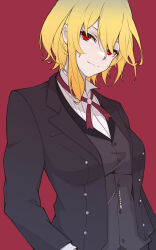 Rule 34 | 1girl, absurdres, alternate costume, arms at sides, blazer, blonde hair, breasts, brown jacket, butler, buttons, closed mouth, formal, grey vest, hair between eyes, head tilt, highres, hitozche, hololive, hololive indonesia, jacket, kaela kovalskia, long sleeves, looking at viewer, medium breasts, medium hair, red background, red eyes, red ribbon, ribbon, shirt, simple background, solo, suit, three-piece suit, upper body, vest, virtual youtuber, white shirt