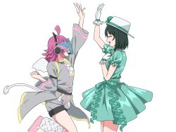 Rule 34 | 2girls, ahoge, clenched hand, closed eyes, covered face, dress, emotion (love live!), fake wings, from side, gloves, green dress, green hair, grey jacket, grey shorts, hat, high five, highres, jacket, long sleeves, looking at another, love live!, love live! nijigasaki high school idol club, medium hair, mifune shioriko, multiple girls, open mouth, pink footwear, pink hair, puffy short sleeves, puffy sleeves, rina-chan board, shoes, short hair, short sleeves, shorts, tail, taiyakippassion, tennoji rina, tsunagaru connect (love live!), upper body, white background, white gloves, white headwear, wings