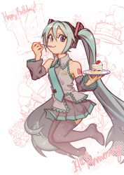 Rule 34 | 1girl, absurdres, anniversary, bad id, bad pixiv id, balloon, blue hair, boots, brown eyes, cake, cake slice, detached sleeves, food, fork, fruit, hair ornament, happy birthday, hatsune miku, headphones, highres, holding, holding food, holding fork, holding tray, irarugii, jumping, long hair, long sleeves, necktie, pleated skirt, shirt, skirt, sleeveless, sleeveless shirt, smile, solo, strawberry, strawberry shortcake, thigh boots, tray, twintails, utensil in mouth, very long hair, vocaloid