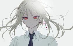 Rule 34 | 1girl, black necktie, closed mouth, dot nose, hair ornament, hair stick, highres, looking at viewer, necktie, original, red eyes, shirt, simple background, solo, tsu (lovesick1964), two (tsu (lovesick1964)), upper body, white background, white shirt