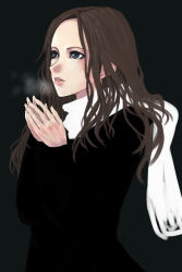 Rule 34 | 1girl, aqua eyes, blue eyes, breath, brown hair, cold, long hair, ooyari ashito, original, own hands together, parted lips, scarf, simple background, solo, steam