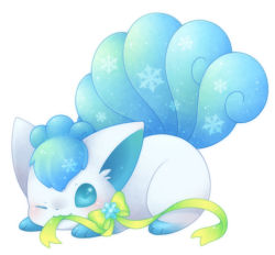 Rule 34 | :3, ;3, alolan form, alolan vulpix, blue eyes, blush, bow, full body, gen 7 pokemon, green bow, looking at viewer, lowres, lying, multiple tails, no humans, on stomach, pokemon, pokemon (creature), simple background, snowflakes, tail, ten&#039;on (amane09), white background