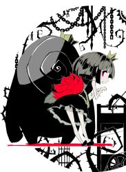 Rule 34 | 1girl, 1other, black dress, chain, crown, dress, flower, full body, guillotine, kuroneko no toorimichi, leaf, limited palette, looking at viewer, looking back, mini crown, parted lips, pink eyes, plant, red flower, red rose, rose, rose (rose to tasogare no kojou), rose to tasogare no kojou, short hair, thorns, titan (rose to tasogare no kojou), vines