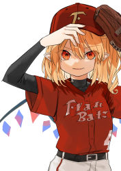 Rule 34 | 1girl, adjusting clothes, adjusting headwear, alternate costume, alternate headwear, arms up, bad id, bad pixiv id, baseball cap, baseball glove, baseball jersey, baseball uniform, black shirt, blonde hair, clothes writing, commentary request, cowboy shot, crystal, fang, flandre scarlet, gotou (nekocat), hair between eyes, hat, highres, jersey, long sleeves, looking at viewer, one side up, pants, parted lips, pointy ears, red eyes, red shirt, shirt, short hair, simple background, smile, solo, sportswear, touhou, v-shaped eyebrows, white background, white pants, wings