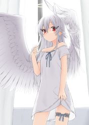 Rule 34 | 1girl, angel, angel wings, backlighting, curtains, dress, feathered wings, female focus, hair ornament, hairclip, highres, kawama shuusuke, looking at viewer, off shoulder dress, original, red eyes, solo, thigh strap, white dress, white hair, window, wings