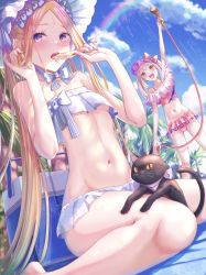 Rule 34 | 1girl, abigail williams (fate), abigail williams (swimsuit foreigner) (fate), abigail williams (swimsuit foreigner) (third ascension) (fate), bare shoulders, bikini, blonde hair, blue eyes, blush, breasts, cat, eating, fate/grand order, fate (series), food, highres, hose, illyasviel von einzbern, kinom (sculpturesky), long hair, long sleeves, looking at viewer, navel, open mouth, popsicle, shirt, sidelocks, small breasts, solo, swimsuit, tongue, tongue out, white shirt