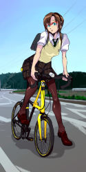 Rule 34 | 00s, 1girl, :p, backpack, bad id, bad pixiv id, bag, bicycle, blue eyes, brown hair, evangelion: 2.0 you can (not) advance, glasses, hairband, legs, loafers, makinami mari illustrious, necktie, neon genesis evangelion, pantyhose, plaid, plaid skirt, randoseru, rebuild of evangelion, sappitsu, school uniform, shoes, skirt, solo, tongue, tongue out, twintails, vest
