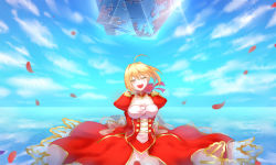 Rule 34 | 10s, 1girl, :d, ahoge, arms behind back, blonde hair, breasts, cleavage, cloud, day, closed eyes, fate/extella, fate/extra, fate (series), large breasts, lens flare, mitsuki hana, nero claudius (fate), nero claudius (fate) (all), nero claudius (fate/extra), open mouth, panties, petals, reflection, rose petals, smile, solo, type-moon, underwear, water, water world, white panties