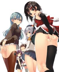 Rule 34 | 10s, 5girls, :|, ahoge, antenna hair, aqua eyes, aqua hair, ascot, ass, beret, between buttocks, black skirt, black socks, blazer, blouse, blue eyes, blush, breasts, brown eyes, brown hair, buttons, closed mouth, commentary request, covering privates, covering ass, double bun, elbow gloves, embarrassed, epaulettes, fingerless gloves, frilled skirt, frilled sleeves, frills, gloves, hagikaze (kancolle), hair bun, hair ornament, hat, head tilt, highres, jacket, kantai collection, kashima (kancolle), kneehighs, koruri, large breasts, long hair, looking at viewer, looking back, military, military uniform, miniskirt, multiple girls, naka (kancolle), neck ribbon, no panties, open mouth, pleated skirt, purple hair, red ribbon, remodel (kantai collection), ribbon, scarf, school uniform, sendai (kancolle), serafuku, shirt, short hair, side ponytail, sidelocks, silver hair, simple background, single kneehigh, single sock, single thighhigh, skirt, small breasts, smile, socks, suzuya (kancolle), sweat, thighhighs, tsurime, twintails, twitter username, two side up, uniform, v arms, vest, wavy hair, white background, white gloves, white legwear, white scarf, white shirt