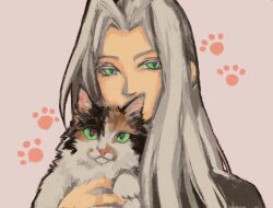 Rule 34 | 1boy, animal, black outline, black shirt, calico cat, cat, commentary, covered mouth, english commentary, final fantasy, final fantasy vii, green eyes, grey background, highres, holding, holding animal, holding cat, male focus, outline, paw print, sephiroth, shirt, slit pupils, snoozaga, solo, upper body