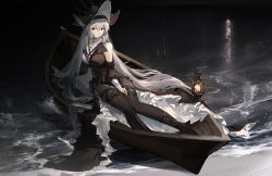 Rule 34 | 1girl, absurdres, arknights, bare shoulders, black dress, black footwear, black headwear, black pantyhose, boat, breasts, closed mouth, clothing cutout, dress, highres, lantern, long hair, long sleeves, looking at viewer, medium breasts, night, pantyhose, red eyes, shore, shoulder cutout, silver hair, sitting, solo, specter (arknights), specter the unchained (arknights), very long hair, watercraft, yeyuanqianqianqian