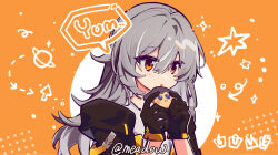 Rule 34 | 1girl, absurdres, arrow (symbol), artist name, black coat, black gloves, blush, coat, cookie, english text, food, gloves, grey hair, hair between eyes, hands up, highres, holding, holding food, honkai: star rail, honkai (series), hood, hooded coat, long hair, long sleeves, meadow (morphinecaca), open clothes, open coat, open mouth, orange background, orange eyes, saturn symbol, shirt, solo, sparkle, speech bubble, standing, star (symbol), stelle (honkai: star rail), t-shirt, trailblazer (honkai: star rail), white shirt