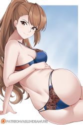 Rule 34 | 1girl, arm support, aslindsamure, ass, asymmetrical bangs, back, beatrix (granblue fantasy), blue bra, blue panties, blush, bra, breasts, brown eyes, brown hair, butt crack, closed mouth, from behind, gradient background, granblue fantasy, highres, large breasts, lingerie, long hair, looking at viewer, looking back, medium breasts, panties, patreon username, ponytail, reclining, sidelocks, simple background, skindentation, smile, solo, underwear