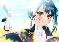 Rule 34 | 1boy, absurdres, blue hair, blue sky, blurry, blurry background, blush, book, chinese clothes, cloud, cloudy sky, commentary request, day, earrings, field, flower, flower field, frilled shirt collar, frilled sleeves, frills, genshin impact, hand on own cheek, hand on own face, highres, huge filesize, jewelry, legs up, long sleeves, looking at viewer, lying, male focus, on stomach, open book, outdoors, petals, sakurada nana, short hair, single earring, sky, smile, solo, tassel, tassel earrings, xingqiu (genshin impact), yellow eyes
