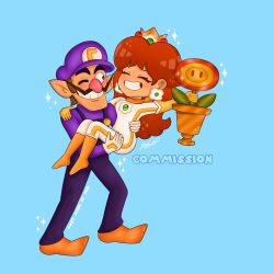 Rule 34 | 1boy, 1girl, artist name, artmadebymoi, bodysuit, breasts, brooch, brown hair, crown, facial hair, fire flower, full body, gloves, grin, hat, highres, holding, jewelry, looking at another, mario (series), mario kart, medium breasts, mustache, nintendo, one eye closed, overalls, princess, princess daisy, red hair, scarf, smile, trophy, waluigi