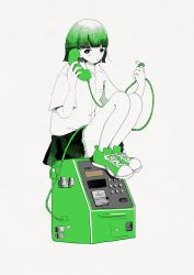 Rule 34 | 1girl, absurdres, black eyes, black skirt, collared shirt, es-rock, full body, green footwear, green hair, highres, knees up, limited palette, original, parted lips, phone, pleated skirt, shirt, shoes, short hair, simple background, skirt, solo, spot color, white background