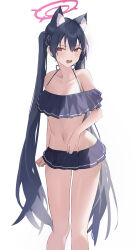 Rule 34 | 1girl, absurdres, animal ear fluff, animal ears, bikini, bikini skirt, black bikini, black hair, blue archive, blush, breasts, cleavage, collarbone, commentary, fang, feet out of frame, frilled bikini, frills, halo, highres, ljpwow, long hair, looking to the side, medium breasts, navel, official alternate costume, open mouth, red eyes, scowl, serika (blue archive), serika (swimsuit) (blue archive), simple background, solo, standing, stomach, string bikini, sweatdrop, swimsuit, twintails, very long hair, white background