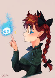 Rule 34 | &gt; o, 1girl, animal ears, black bow, bow, braid, breasts, carte, cat ears, cropped torso, extra ears, from side, hair bow, heart, highres, hitodama, kaenbyou rin, large breasts, long sleeves, makeup, one eye closed, pointy ears, profile, red hair, skull, smile, solo, touhou, twin braids, upper body