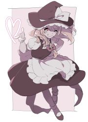 Rule 34 | 1girl, apron, back bow, black footwear, black hat, black skirt, black vest, blonde hair, bow, braid, frills, full body, grin, hair bow, hand on own hip, hat, hat bow, heart, kerok (joniko1110), kirisame marisa, long hair, looking at viewer, one eye closed, pointing, red bow, shirt, short sleeves, skirt, smile, solo, touhou, vest, waist apron, white bow, white legwear, white shirt, witch hat