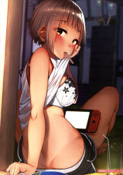 Rule 34 | 1girl, absurdres, ass, back, bare back, bare shoulders, barefoot, bendy straw, black shorts, blunt bangs, blurry, blurry background, blush, bra, breasts, brown eyes, brown hair, butt crack, chest of drawers, clothes in mouth, clothes lift, commentary request, cup, dengeki moeou, depth of field, dimples of venus, dolphin shorts, drinking glass, drinking straw, floral print, from behind, handheld game console, highres, hot, indoors, knee up, large breasts, lifting own clothes, looking at viewer, looking back, medium breasts, mouth hold, nintendo switch, on floor, original, popsicle stick, print bra, rerrere, see-through, shirt, shirt in mouth, shirt lift, short hair, short shorts, shorts, sitting, sleeveless, sleeveless shirt, solo, strap gap, sweat, thighs, toes, twisted torso, underwear, wet, wet clothes, white bra, wiping face, yellow eyes